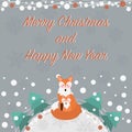 Merry Christmas And Happy New Year. Greeting Card With Cute Red Foxes.