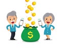 Cartoon senior business man and woman earning money with smartphone