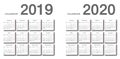 Year 2019 and Year 2020 calendar horizontal vector design template, simple and clean design.