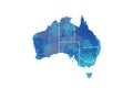 Australia watercolor map vector illustration in blue color with different regions on white background using paint brush on paper