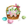 White rabbit in Easter wicker basket with colorful eggs. Vector Royalty Free Stock Photo