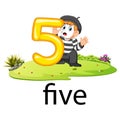 Little pantomime boy holding the 0 balloon number and text on the grass Royalty Free Stock Photo