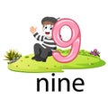 Little pantomime playing with the 9 balloon number and text on the grass Royalty Free Stock Photo