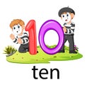 Two little pantomime playing with the 10 balloon number and text on the grass