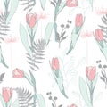 Pink Tulips and herbs. Hand drawn style. Seamless texture. Royalty Free Stock Photo