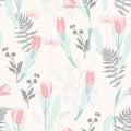 Pink Tulips and herbs. Hand drawn style. Seamless texture. Royalty Free Stock Photo