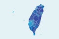 Taiwan watercolor map vector illustration of blue color with border lines of different counties on light background using paint