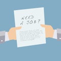 Hands carrying paper with text: Need a job? Vector Illustration