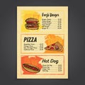 Fastfood menu card design with handrawn illustrations