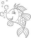 Black and white illustration of a cute fish, smiling, with bubbles, perfect for children`s coloring book or coloring game