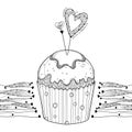 Vector outline cupcake with ornate hearts in black isolated on white background. Romantic design with cake and holiday symbol. Royalty Free Stock Photo