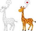 Before and after drawing of a cute baby giraffe, in color and contour, for children`s coloring book, or Valentine`s Day card