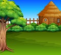 Cartoon of Wood cabin in a green field