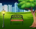 Cartoon of chairs in green park with town building background