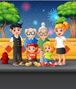 Happy big family outdoors with a background of fireworks in the sky Royalty Free Stock Photo