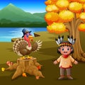 Happy indian boy with turkey bird in the garden Royalty Free Stock Photo