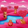 A group of bears on the river bank with pink scene