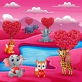 A group of animals celebrate valentines day by the river