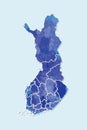 Finland watercolor map vector illustration of blue color with border lines of different regions or provinces on light background