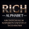 Rich alphabet font. Ornate golden letters and numbers with diamond gemstones.