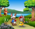 Cartoon couple rabbits with mother bears in the park