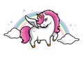 Cute Little Magical Pink Unicorn, Pink Hair, Rainbow and Stars, Clouds Vector Illustration for Children Royalty Free Stock Photo