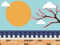 Japanese style stone wall fence with sakura tree