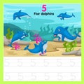 Illustrator of worksheet five dolphins