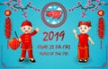 Happy chinese new year 2019 card with chinese kid in traditional costume Royalty Free Stock Photo