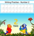 The writing practices number 2 with two beautiful parrots under it Royalty Free Stock Photo