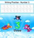 The writing practices number 3 with three skydiving on action