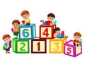 Kids reading book on the number block