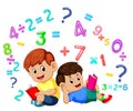 Two boy reading book and learning mathematics