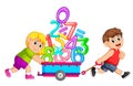 Boy pulling and girl pushing wagon of numbers