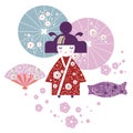 Illustration of a Girl Japanese woman in kimono with parasol, fish vetroduem fan