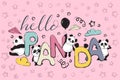Hello panda greeting card design with cute panda bear and quote