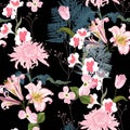 Flower seamless pattern with beautiful lilies and chrysanthemum flowers.