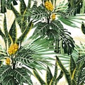 Seamless pattern, bright green colors palm leaves and tropical exotic yellow flowers.