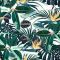 Ficus, palm leaves and yellow strelitzia flowers seamless pattern, tropical foliage, branch, greenery.
