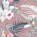 Tropical background with jungle plants. Seamless vector tropical pattern with palm leaves and exotic hibiscus flowers. Royalty Free Stock Photo