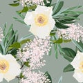 Spring bouquets on the vintage green background. Seamless pattern with delicate flowers.