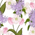 Spring bouquets on the white background. Seamless pattern with delicate flowers. Anemones, lilac, tulip. Royalty Free Stock Photo