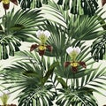 Summer Hawaiian seamless pattern with many types of palm leaves and exotic orchid flowers.