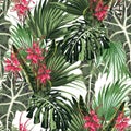 Seamless pattern with tropical leaves and paradise red protea flowers. Bright green palm monstera leaves on the white background. Royalty Free Stock Photo