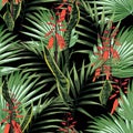 Beautiful seamless floral pattern background with tropical bright palm leaves and exotic orange flowers. Royalty Free Stock Photo