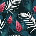 Seamless tropical pattern, vivid tropic foliage, with palm leaves, red protea flower in bloom. Royalty Free Stock Photo