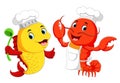 Cute lobster chef and fish chef cartoon Royalty Free Stock Photo