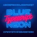 Blue Neon typescript. Blue color light bulb capital letters and numbers.