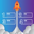 Infographics design template rocket or spaceship launches through the clouds with icons flying up 4 options elements arranged