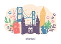 Vector illustration Istanbul with famous turkish landmarks and cute doodle flowers, leaves and plants.